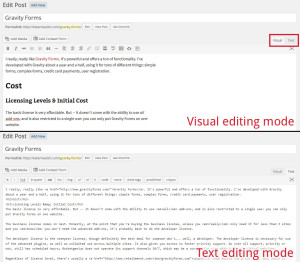 Visual versus text editing in WordPress.